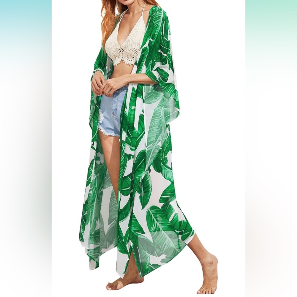 Tropical Green Leaf Print kimono